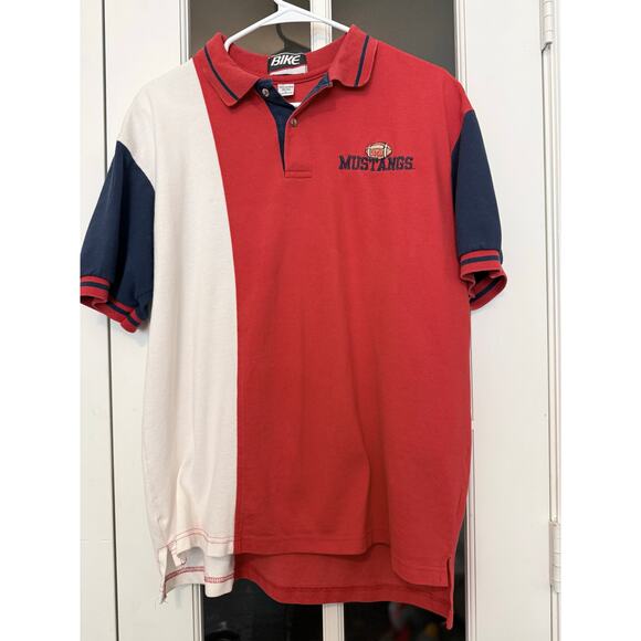 Vintage BIKE polo SMU Mustangs embroidered color block red white blue Large - Picture 1 of 9